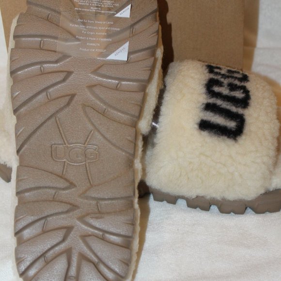 NIB UGG WOMEN'S‎ COZETTA CURLY SHEARLING LOGO SLIPPER SANDALS NATURAL BLA… - Picture 5 of 6